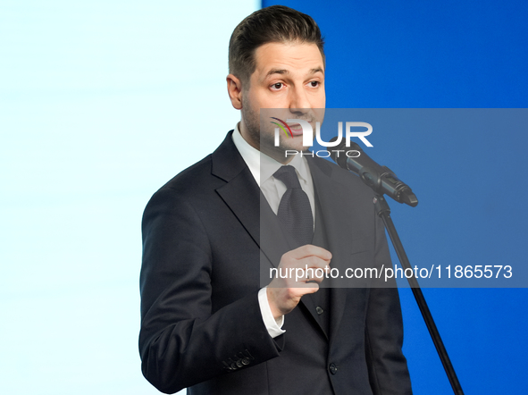 Patryk Jaki (MEP) during press conference of the right-wing Law and Justice (PiS) party, in Warsaw, Poland on December 13, 2024. 