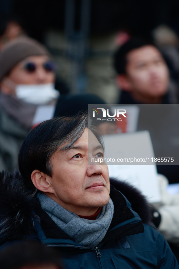 Cho Kuk, former leader of the Rebuilding Korea Party, attends the impeachment rally for President Yoon Suk-yeol outside the National Assembl...