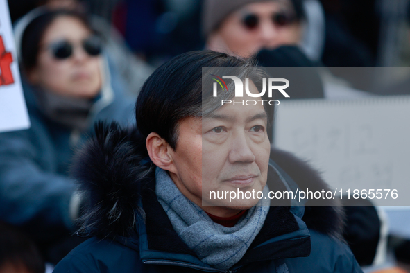 Cho Kuk, former leader of the Rebuilding Korea Party, attends the impeachment rally for President Yoon Suk-yeol outside the National Assembl...