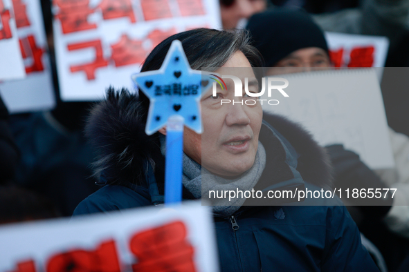 Cho Kuk, former leader of the Rebuilding Korea Party, attends the impeachment rally for President Yoon Suk-yeol outside the National Assembl...