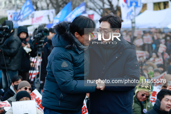 Cho Kuk, former leader of the Rebuilding Korea Party, attends the impeachment rally for President Yoon Suk-yeol outside the National Assembl...