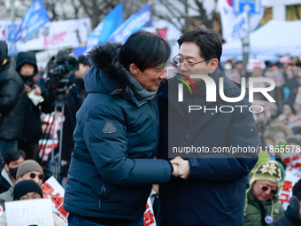 Cho Kuk, former leader of the Rebuilding Korea Party, attends the impeachment rally for President Yoon Suk-yeol outside the National Assembl...