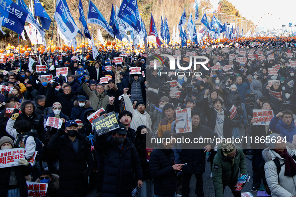 Over one million citizens gather in front of the National Assembly in Seoul, South Korea, on December 14, 2024, to participate in a rally wh...