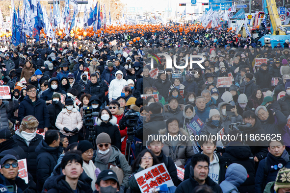 Over one million citizens gather in front of the National Assembly in Seoul, South Korea, on December 14, 2024, to participate in a rally wh...