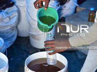 Raw honey is poured into a large storage can on the farm near a mustard field in Morigaon district, Assam, India, on December 9, 2024. (