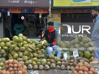 A roadside seller sells coconut water at his roadside stall in Siliguri, India, on December 14, 2024. (