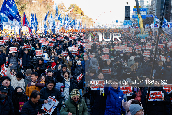 Approximately 2 million citizens gather in Yeouido, Seoul, South Korea, on December 14, 2024, calling for the impeachment of President Yoon...