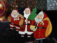 In Srinagar, Kashmir, India, on December 14, 2024, Christmas ornaments of Santa Claus are ready at the workshop before being sent to the mar...