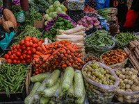 Different kinds of vegetables are kept for sale at a market in Srinagar, Jammu and Kashmir, on December 14, 2024. (