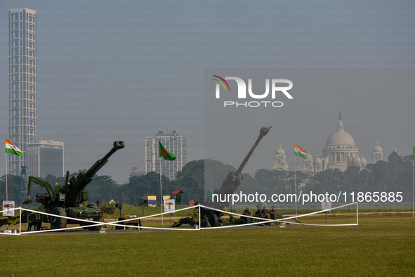 Various field guns are on display for civilians during practice for the Vijay Diwas celebration in Kolkata, India, on December 14, 2024. 'Vi...