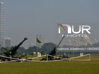 Various field guns are on display for civilians during practice for the Vijay Diwas celebration in Kolkata, India, on December 14, 2024. 'Vi...