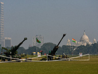 Various field guns are on display for civilians during practice for the Vijay Diwas celebration in Kolkata, India, on December 14, 2024. 'Vi...