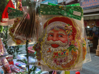 Santa Claus items are seen in a shop at a market ahead of the Christmas celebrations in Srinagar, Jammu and Kashmir, on December 14, 2024. (