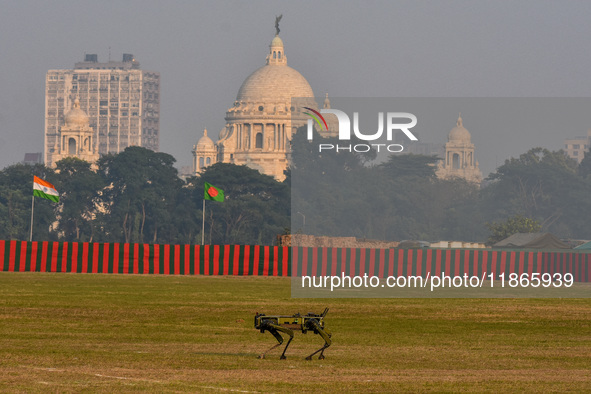 An army robot is in action during a practice display ahead of the Vijay Diwas celebration in Kolkata, India, on December 14, 2024. 'Vijay Di...