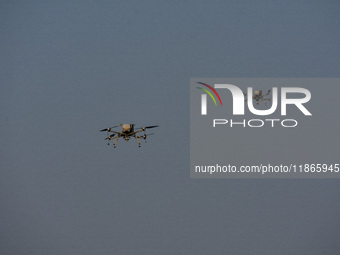 Military drones are seen during practice ahead of the Vijay Diwas celebration in Kolkata, India, on December 14, 2024. (