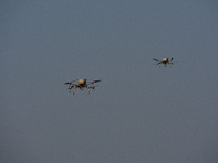 Military drones are seen during practice ahead of the Vijay Diwas celebration in Kolkata, India, on December 14, 2024. (