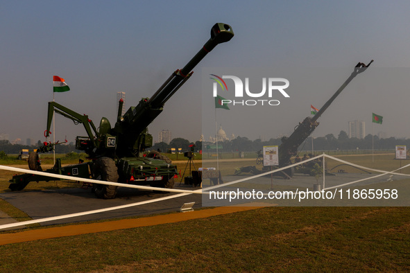 Various field guns are on display for civilians during practice for the Vijay Diwas celebration in Kolkata, India, on December 14, 2024. 'Vi...