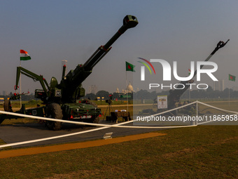 Various field guns are on display for civilians during practice for the Vijay Diwas celebration in Kolkata, India, on December 14, 2024. 'Vi...