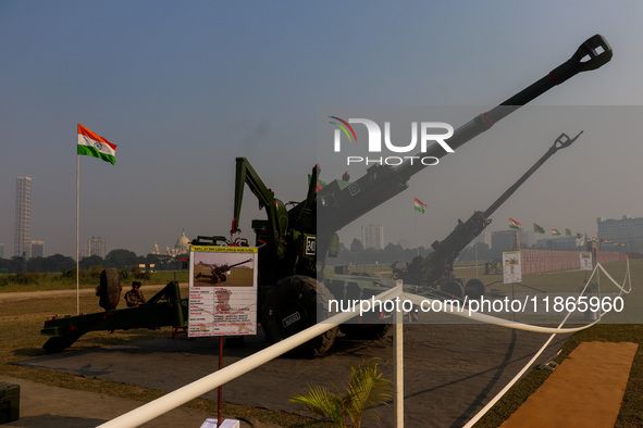 Various field guns are on display for civilians during practice for the Vijay Diwas celebration in Kolkata, India, on December 14, 2024. 'Vi...