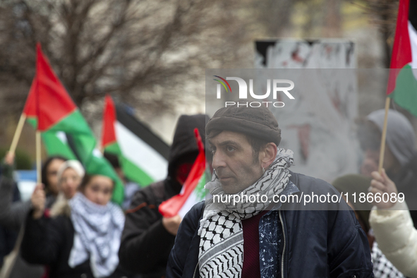 A demonstration in support of Lebanon and Palestine takes place in Sofia, Bulgaria, on December 14, 2024. 