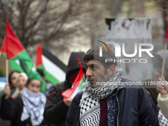 A demonstration in support of Lebanon and Palestine takes place in Sofia, Bulgaria, on December 14, 2024. (