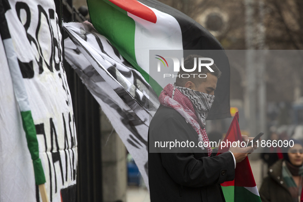 A demonstration in support of Lebanon and Palestine takes place in Sofia, Bulgaria, on December 14, 2024. 