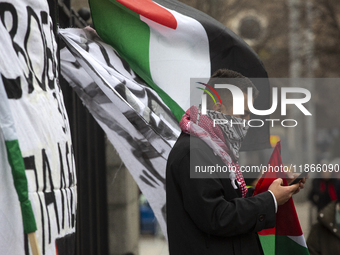 A demonstration in support of Lebanon and Palestine takes place in Sofia, Bulgaria, on December 14, 2024. (