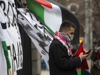 A demonstration in support of Lebanon and Palestine takes place in Sofia, Bulgaria, on December 14, 2024. (