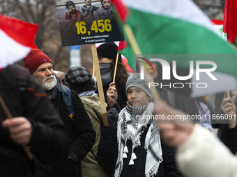 A demonstration in support of Lebanon and Palestine takes place in Sofia, Bulgaria, on December 14, 2024. (