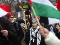 A demonstration in support of Lebanon and Palestine takes place in Sofia, Bulgaria, on December 14, 2024. (