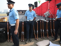 Indian Airforce personnel wait before performing a drill during the full dress rehearsal ahead of ''Vijay Diwas,'' a ceremony to celebrate t...