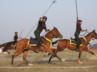 An Indian army soldier demonstrates his skills with his horse during the full dress rehearsal ahead of ''Vijay Diwas,'' a ceremony to celebr...