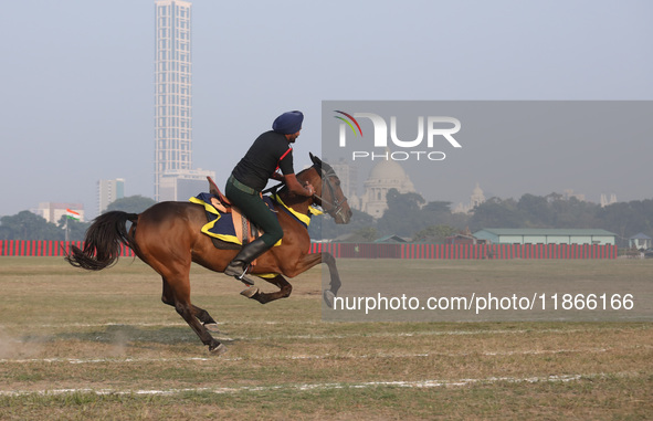 An Indian army soldier demonstrates his skills with his horse during the full dress rehearsal ahead of ''Vijay Diwas'', a ceremony to celebr...