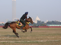 An Indian army soldier demonstrates his skills with his horse during the full dress rehearsal ahead of ''Vijay Diwas'', a ceremony to celebr...