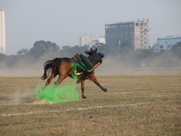 An Indian army soldier demonstrates his skills with his horse during the full dress rehearsal ahead of ''Vijay Diwas'', a ceremony to celebr...