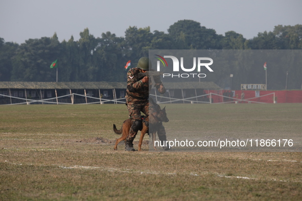 An Indian army soldier with his pet dog performs a skill during the full dress rehearsal ahead of ''Vijay Diwas'', a ceremony to celebrate t...