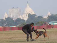 An Indian army soldier with a dog performs a skill during the full dress rehearsal ahead of ''Vijay Diwas,'' a ceremony to celebrate the lib...