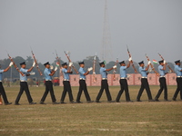 The Indian Air Force (IAF) officers perform a drill during the full dress rehearsal ahead of ''Vijay Diwas,'' a ceremony to celebrate the li...