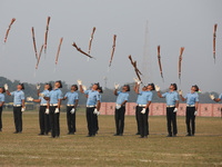 The Indian Air Force (IAF) officers perform a drill during the full dress rehearsal ahead of ''Vijay Diwas,'' a ceremony to celebrate the li...