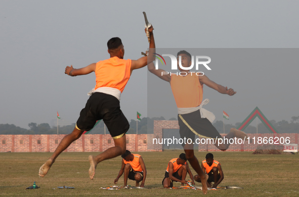 Indian army soldiers perform during the full dress rehearsal ahead of ''Vijay Diwas,'' a ceremony to celebrate the liberation of Bangladesh...