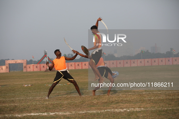 Indian army soldiers perform during the full dress rehearsal ahead of ''Vijay Diwas,'' a ceremony to celebrate the liberation of Bangladesh...