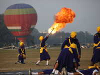 An Indian army soldier performs a stunt during the full dress rehearsal ahead of ''Vijay Diwas,'' a ceremony to celebrate the liberation of...