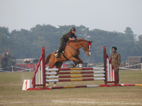 An Indian army soldier demonstrates his skills with his horse during the full dress rehearsal ahead of ''Vijay Diwas,'' a ceremony to celebr...