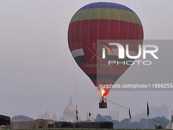 A picture of a hot air balloon is seen during the full dress rehearsal ahead of the ''Vijay Diwas,'' a ceremony to celebrate the liberation...