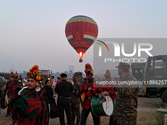 A picture of a hot air balloon is seen during the full dress rehearsal ahead of the ''Vijay Diwas,'' a ceremony to celebrate the liberation...