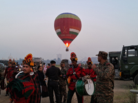 A picture of a hot air balloon is seen during the full dress rehearsal ahead of the ''Vijay Diwas,'' a ceremony to celebrate the liberation...