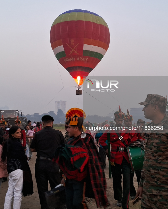 A picture of a hot air balloon is seen during the full dress rehearsal ahead of the ''Vijay Diwas,'' a ceremony to celebrate the liberation...