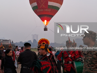 A picture of a hot air balloon is seen during the full dress rehearsal ahead of the ''Vijay Diwas,'' a ceremony to celebrate the liberation...