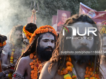 Hindu sadhus (holy men) from the Juna Akhara take part in a religious procession towards the Sangam area during the first entry for the Maha...