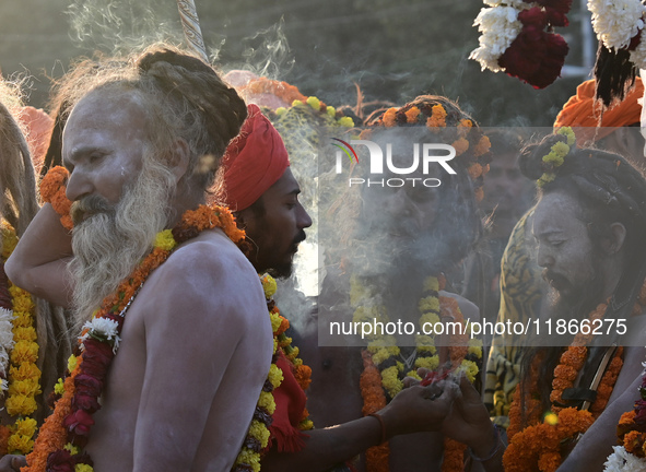 Hindu sadhus (holy men) from the Juna Akhara take part in a religious procession towards the Sangam area during the first entry for the Maha...